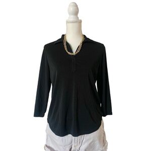 Jaclyn Smith Classic Black Dress Top Womens 3/4 Sleeve Collared Work Shirt Small